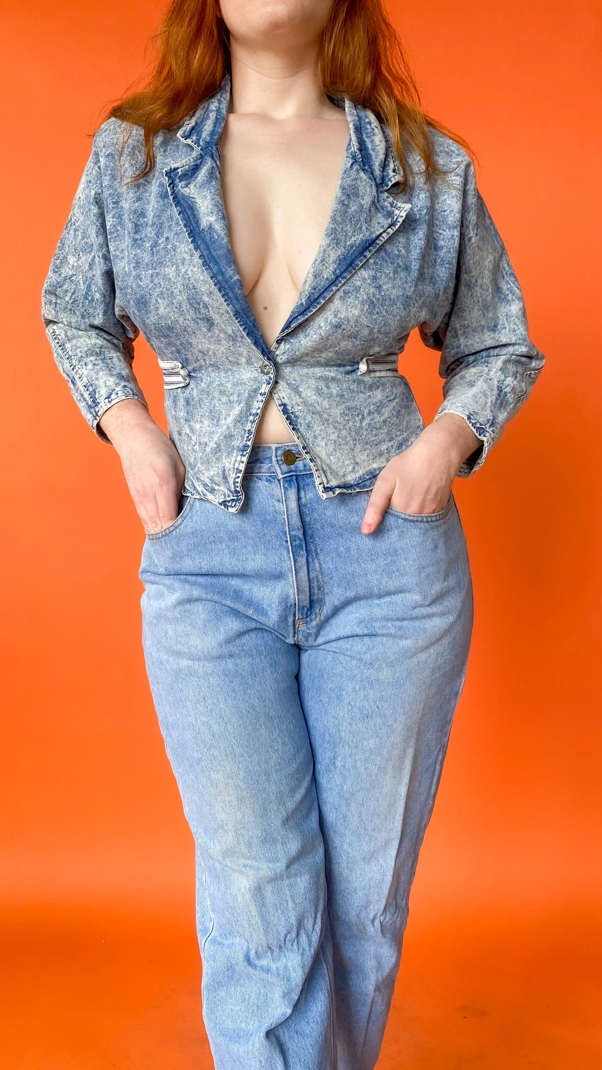 1980s Acid Washed Denim Cropped Jacket/Blazer, sz. M-L