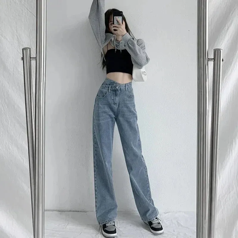 2024 Spring Autumn Irregular High Waist Black Chic Jeans