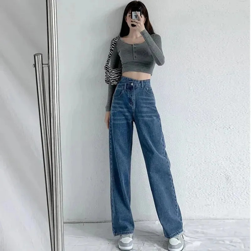 2024 Spring Autumn Irregular High Waist Black Chic Jeans