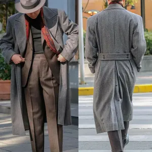 Aidase Herringbone Mens Suit Tweed Long Coat Overcoat Double Breasted Tailored Wool Blend Formal Business Wedding Causal Winter Warm
