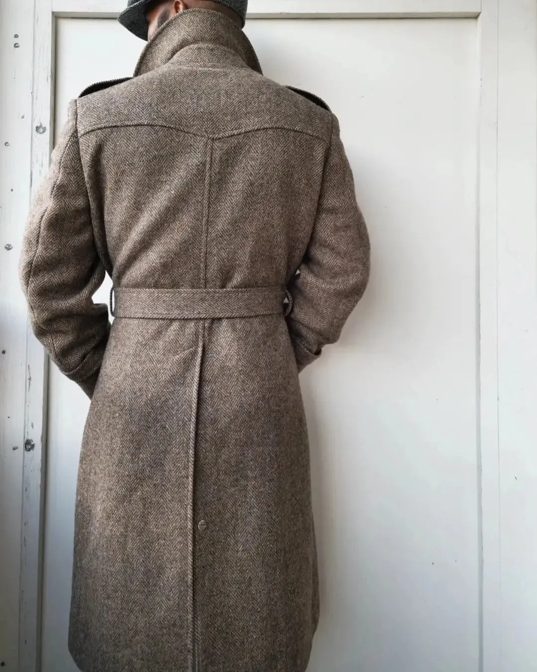 Aidase Men Long Coat Overcoat Herringbone Brown Gentlemen With Belt Double Breasted Warm Woolen Blend Business Causal Daily Tailored