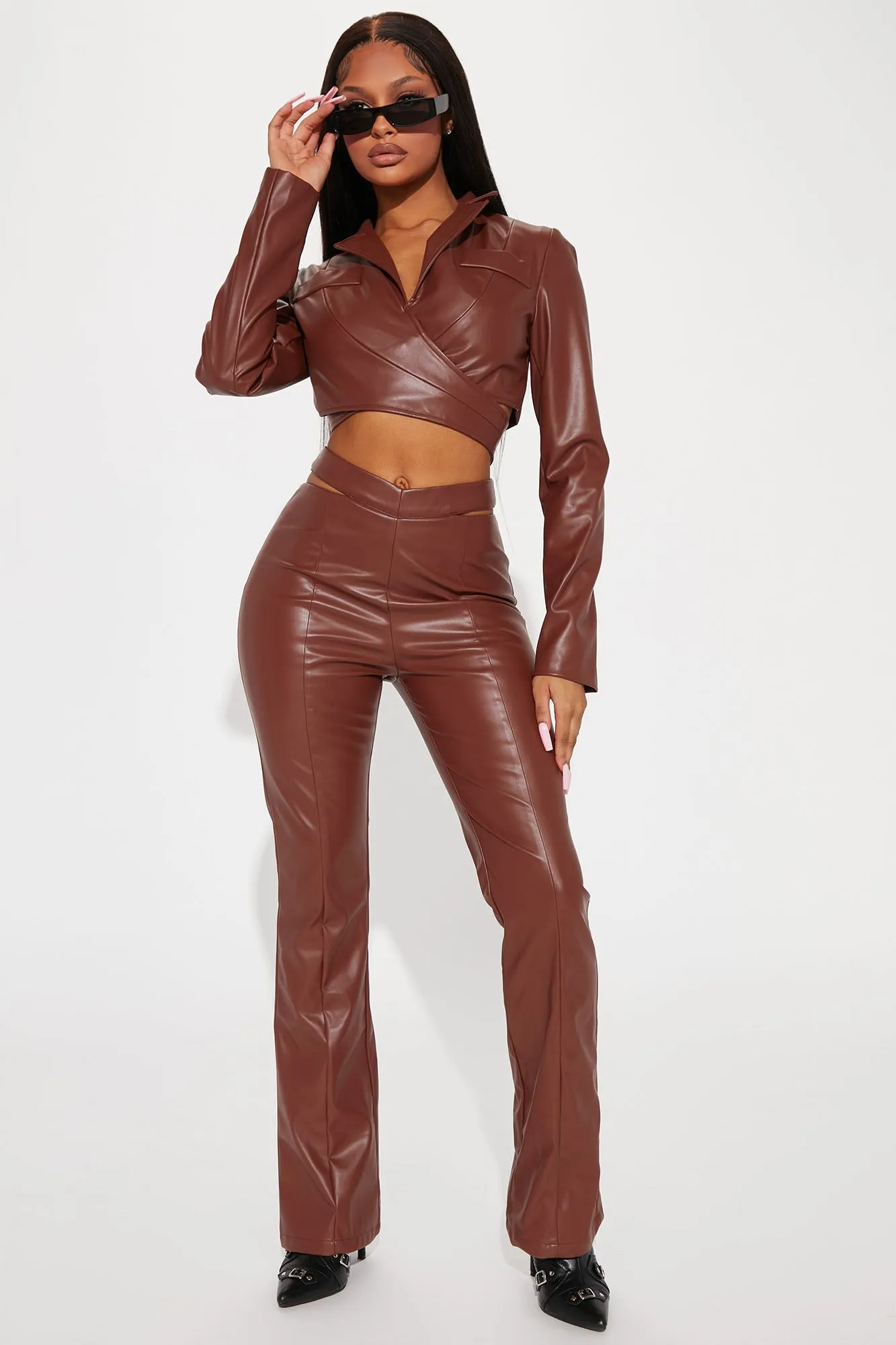 Alisa PU Pant Set - Brown