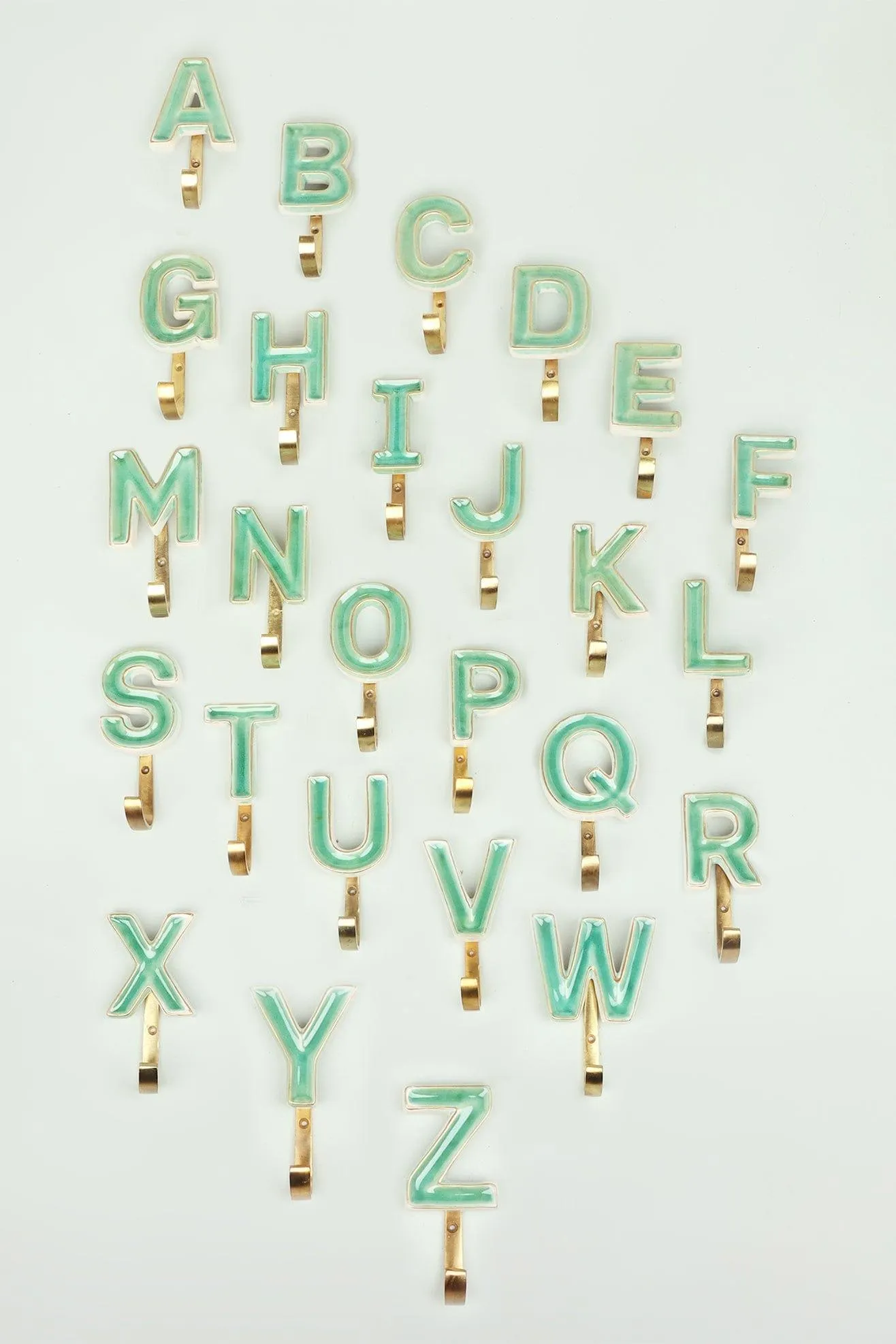 Alphabet Green Crackle Glazed Hooks In Antique Brass