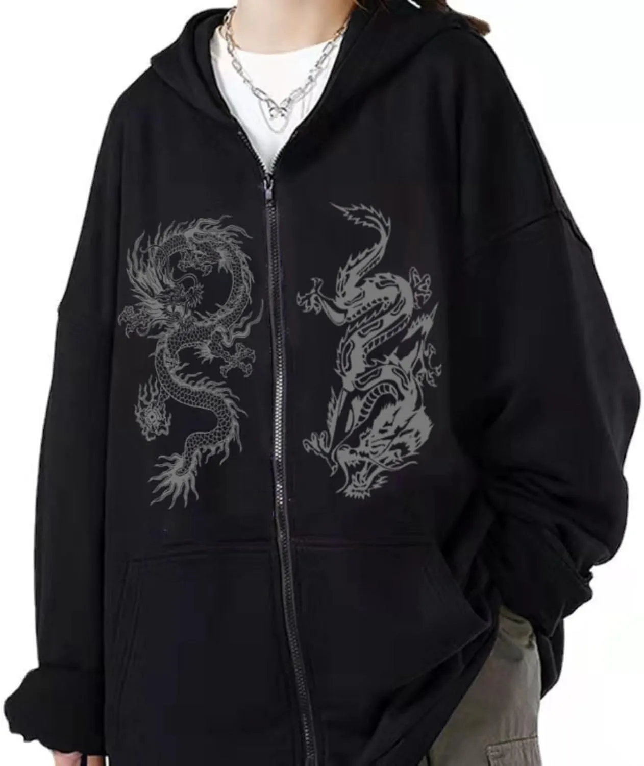 Aobiono Women Men Y2K Zip Up Oversized Hoodie Gothic Dragon Graphic Emo Grunge Alt Baggy Fleece Jacket 90s Punk Streetwear