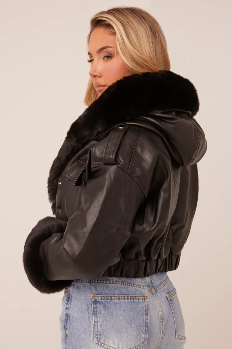Black Faux Leather Fur Lined Bomber Jacket - Larna