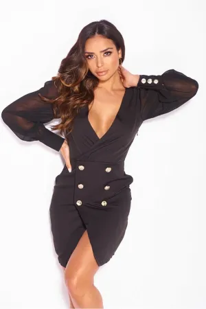 Black Gold Button Long Sleeve  Blazer Dress