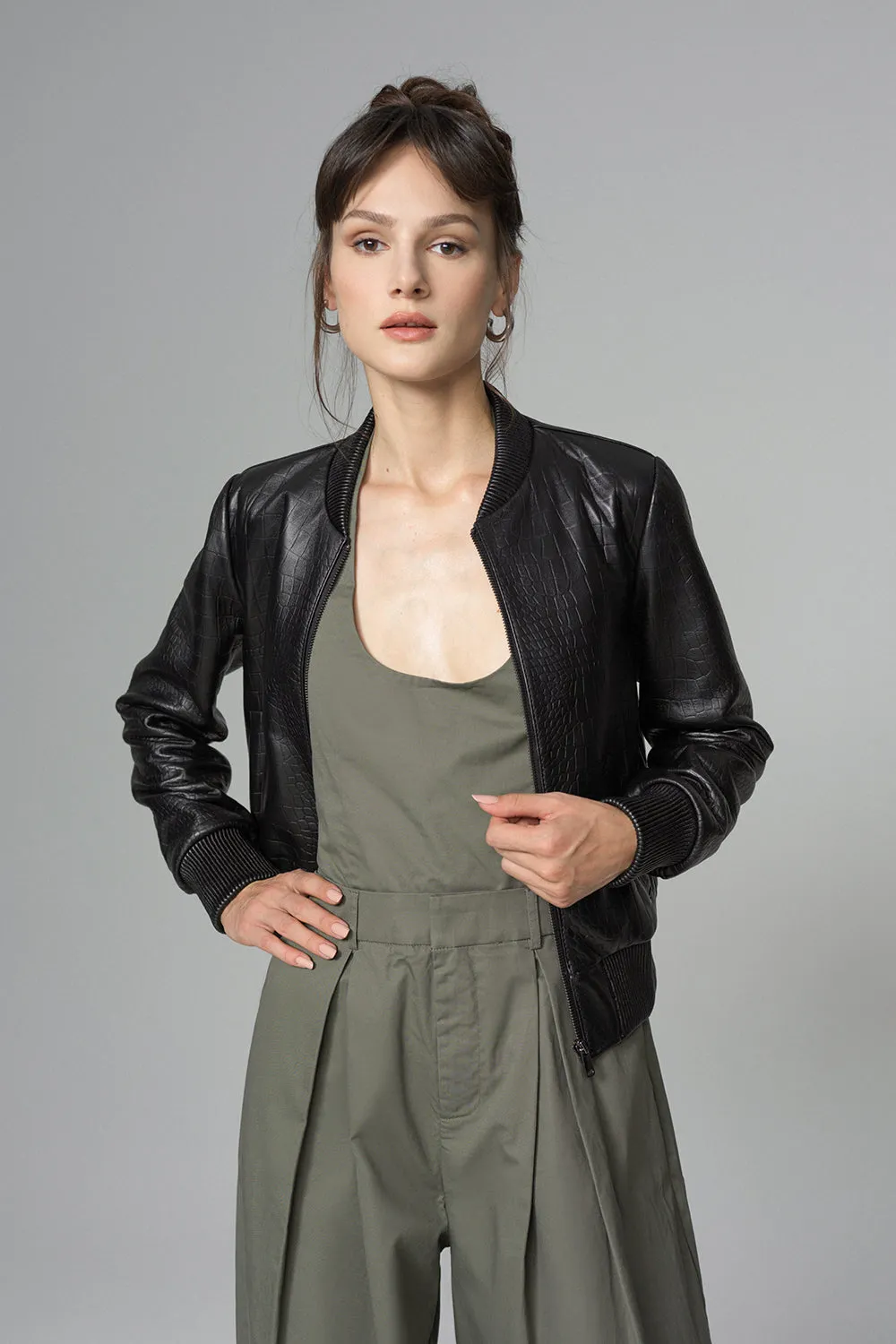 Black Leather Jacket with Crocodile Skin Print