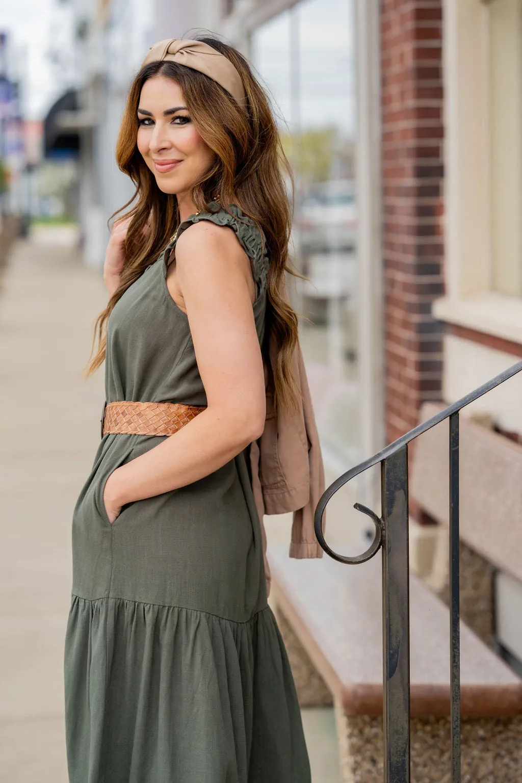 Button Accented Ruched Strap Midi Dress