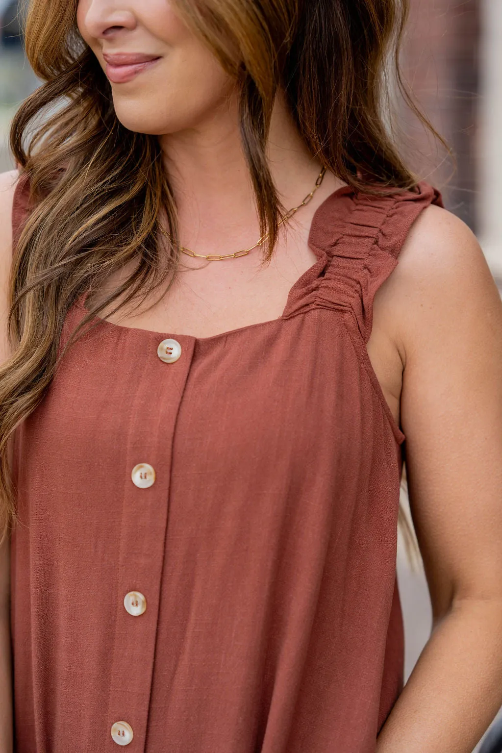 Button Accented Ruched Strap Midi Dress