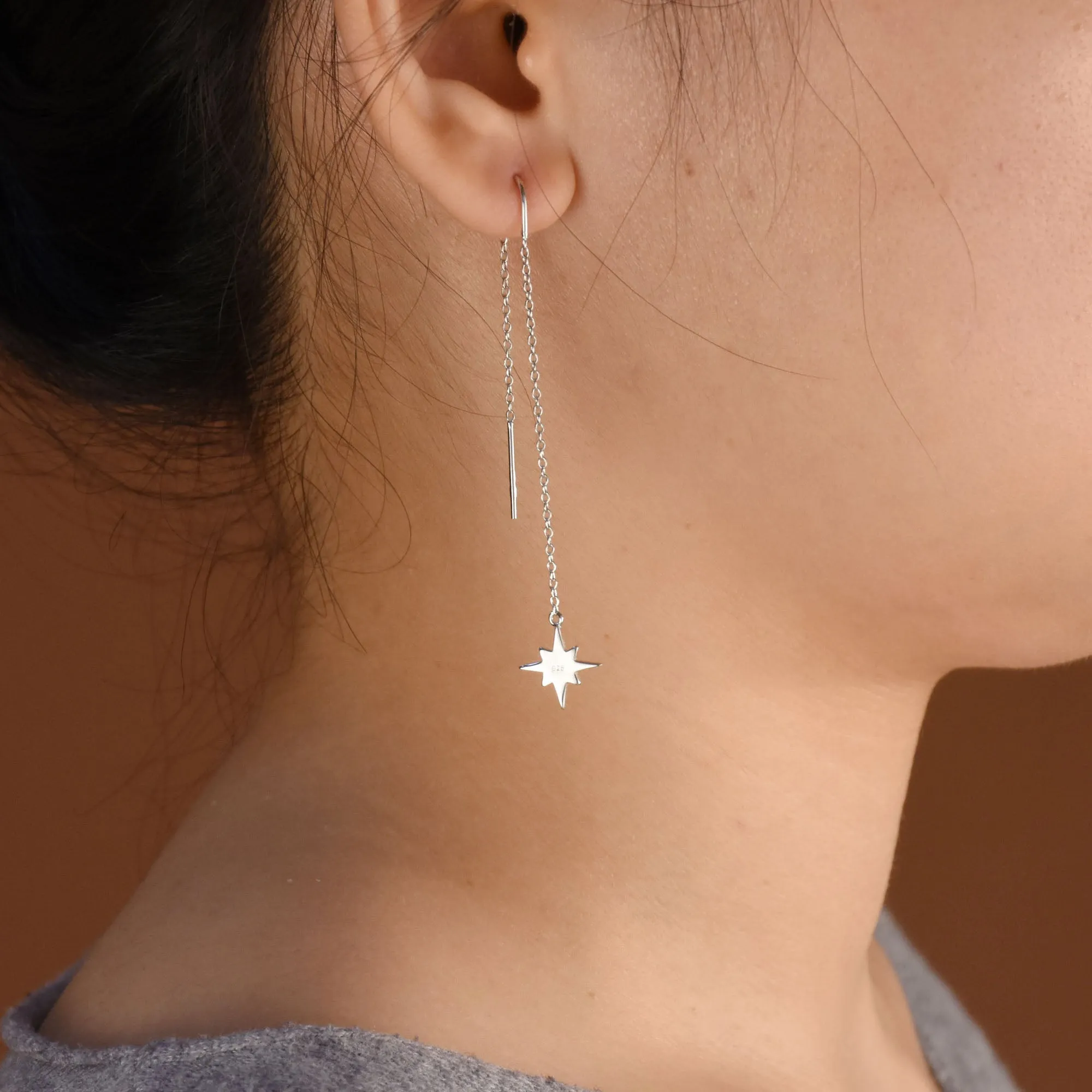 Celestial Shinning North Star Chain Threader Stud Earrings .925 Silver