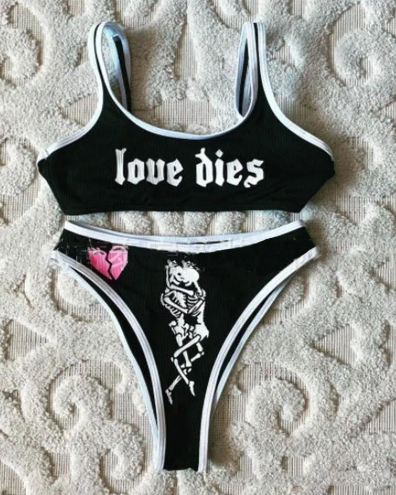 Color Border Letter Print Sleeveless Tanks With Panties Bikini Sets