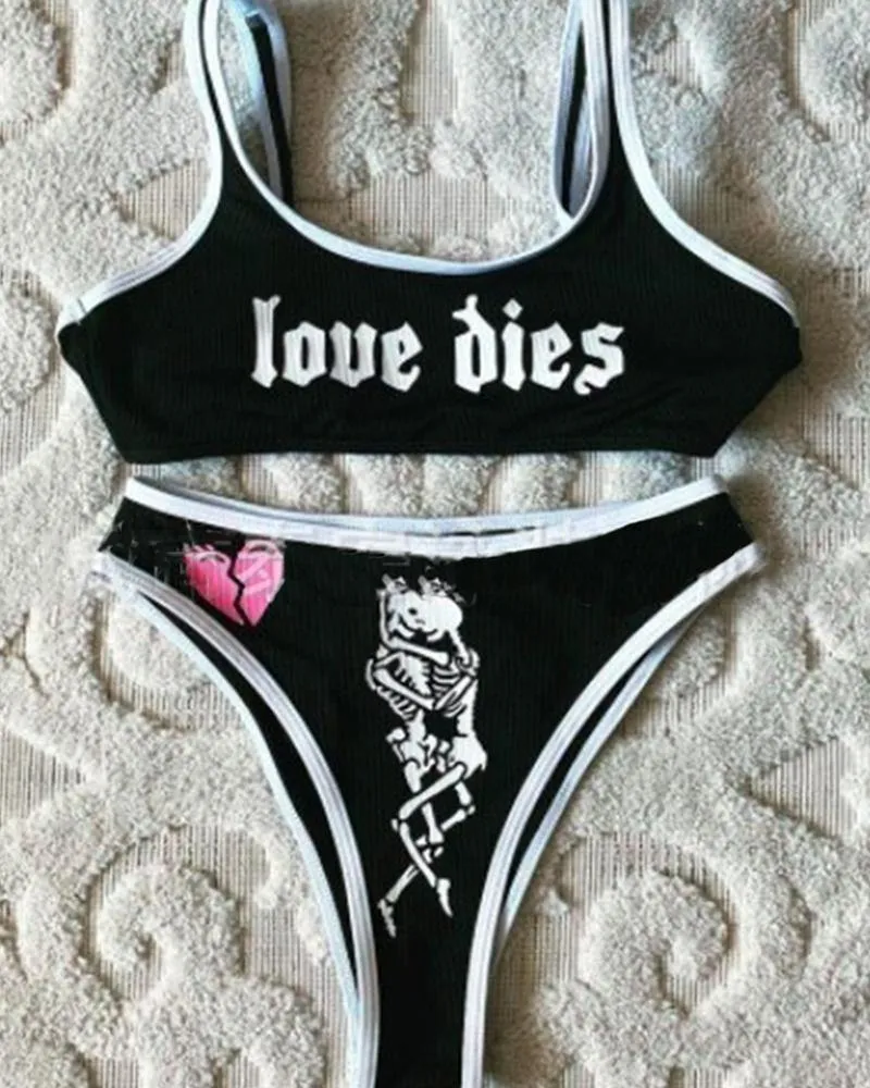 Color Border Letter Print Sleeveless Tanks With Panties Bikini Sets
