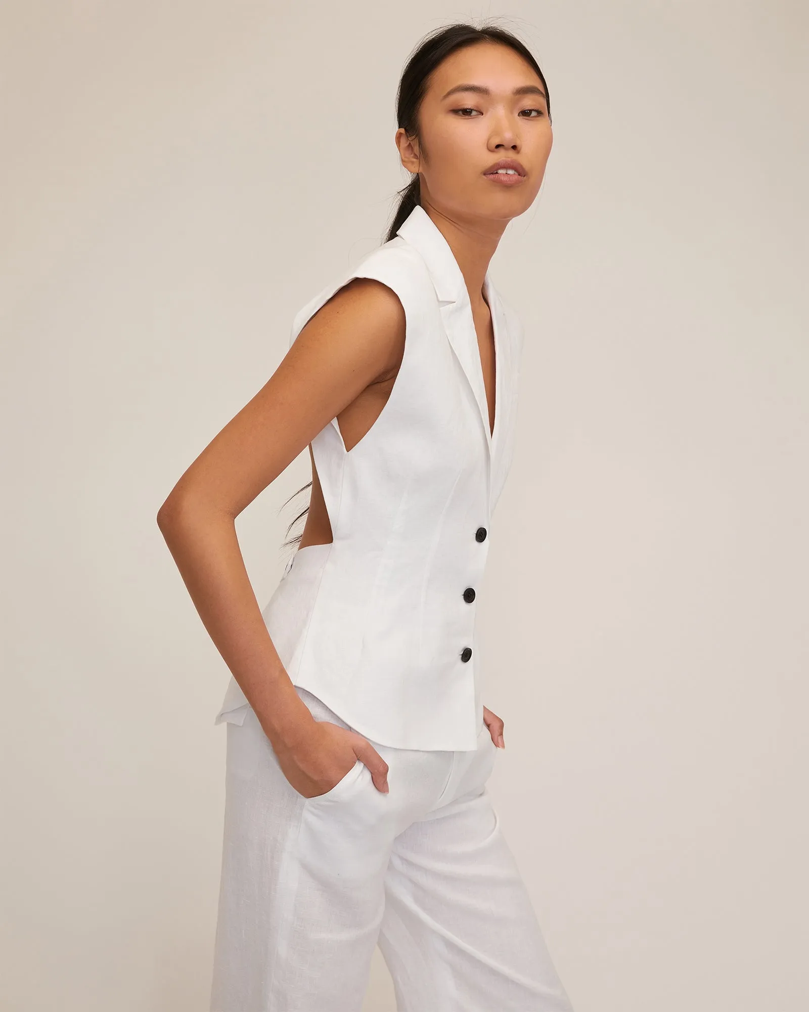 Enzo Linen Open Back Vest in White