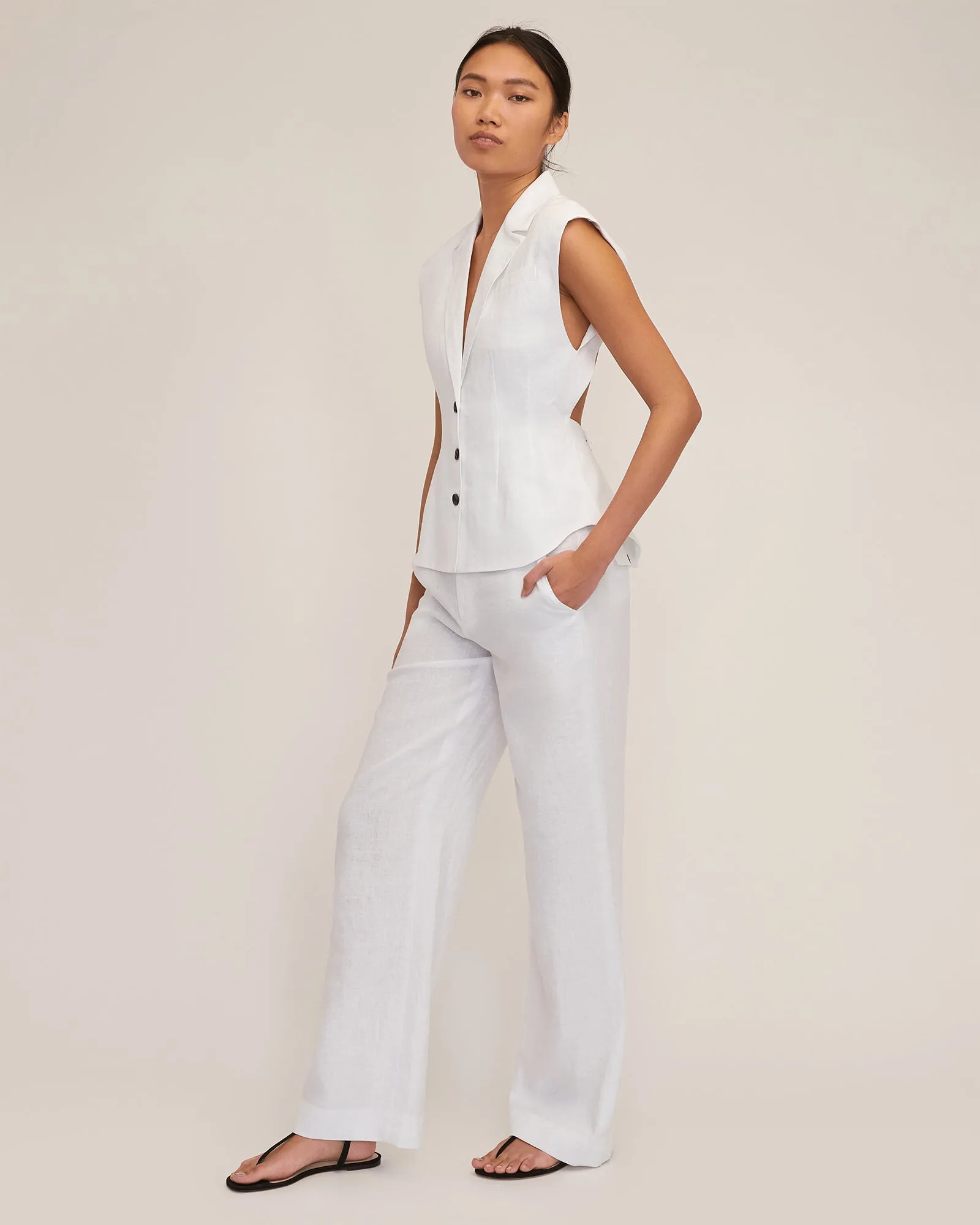Enzo Linen Open Back Vest in White