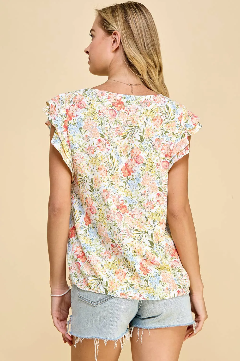 Floral Printed Top with Double Ruffled Short Sleeves