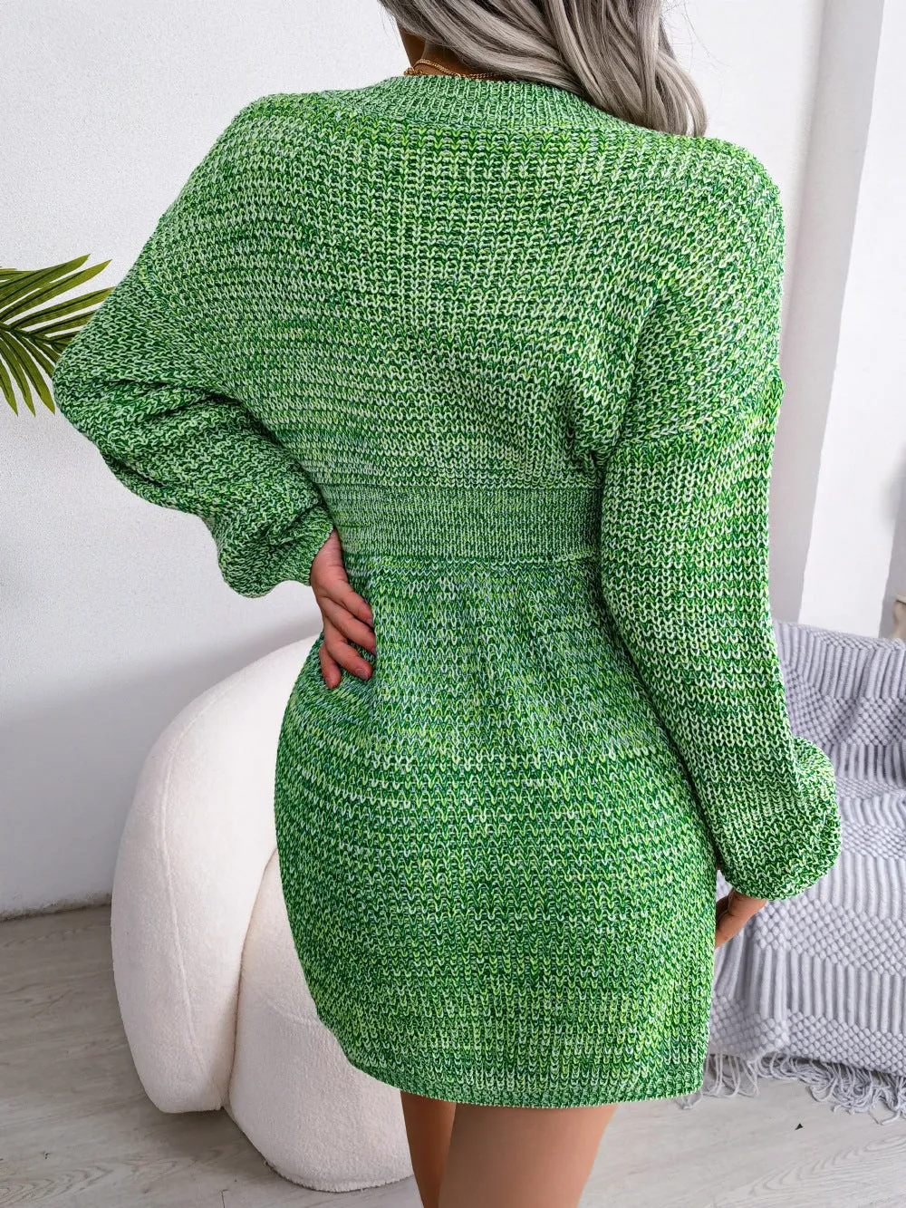Heathered V-Neck Dropped Shoulder Sweater Dress