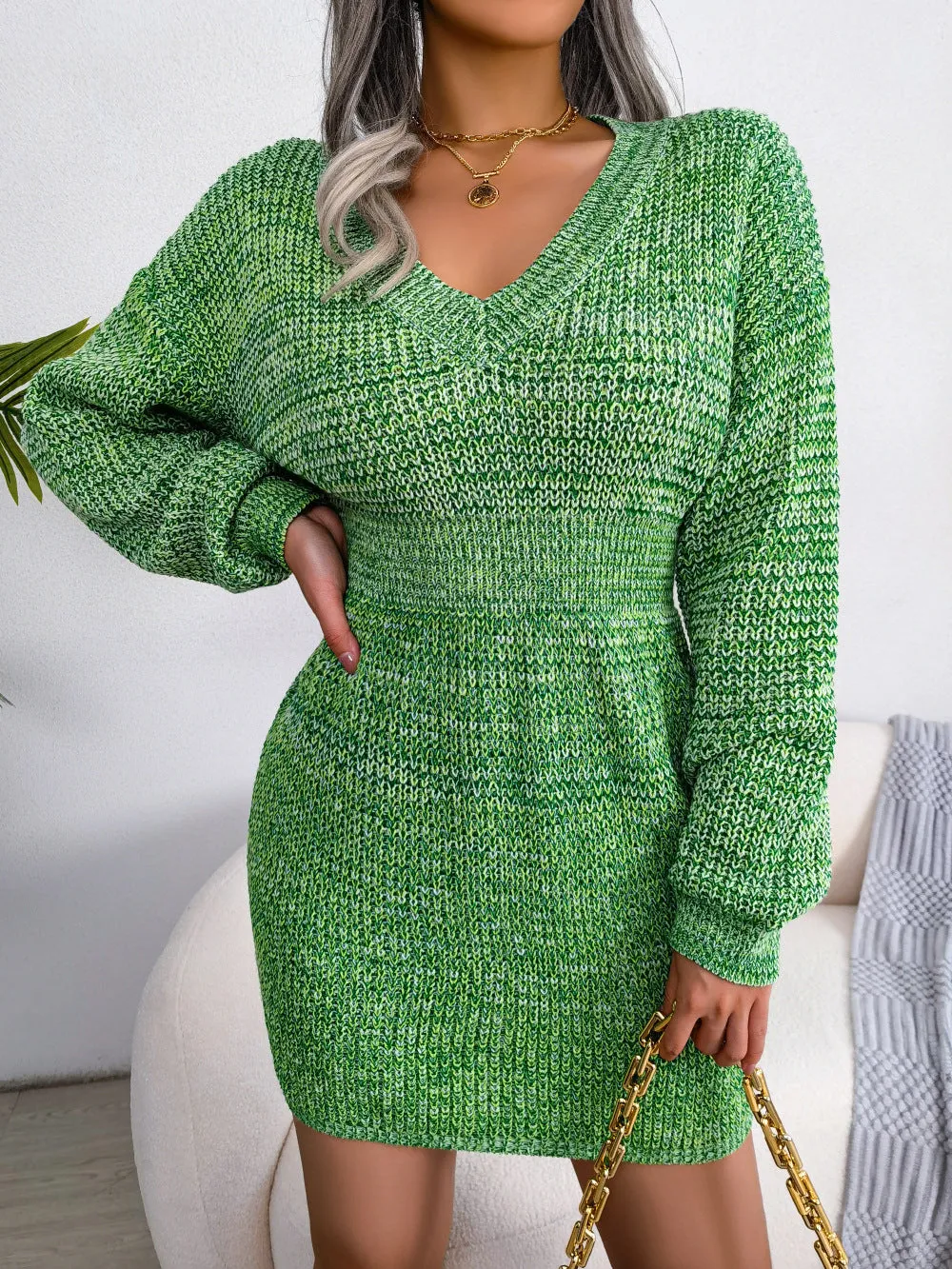 Heathered V-Neck Dropped Shoulder Sweater Dress