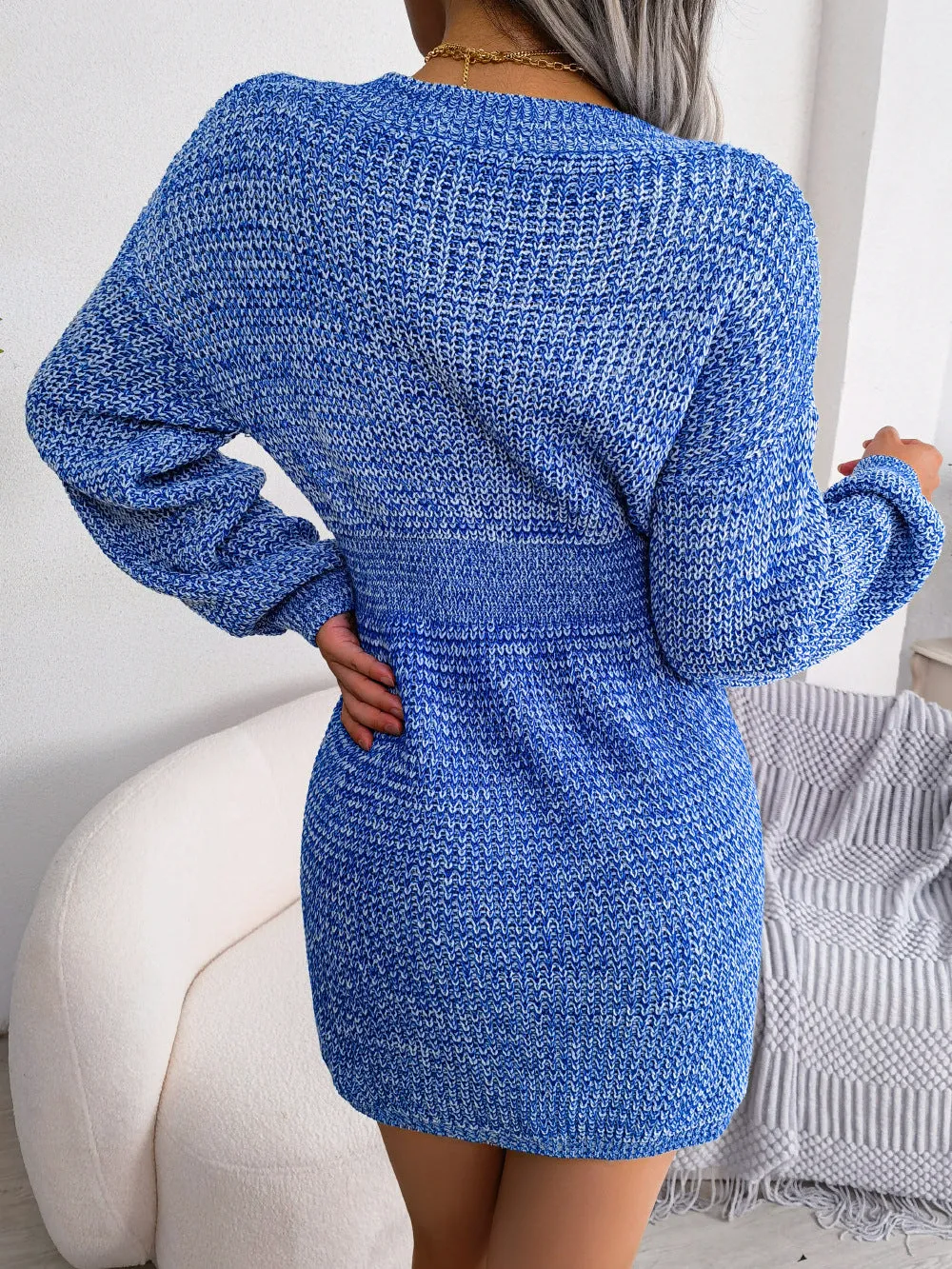 Heathered V-Neck Dropped Shoulder Sweater Dress