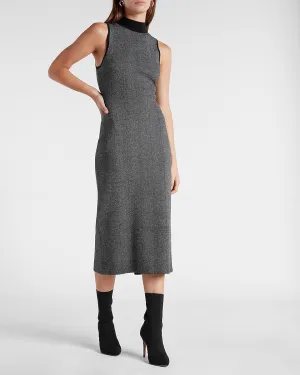 Herringbone Mock Neck Sleeveless Sweater Dress in Gray Print