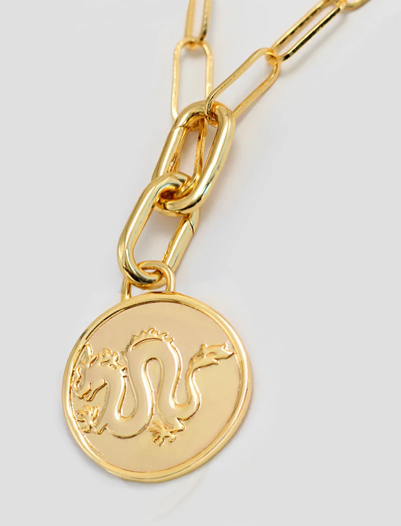 LUCKY DRAGON Asian Charm Coin Pendant Necklace