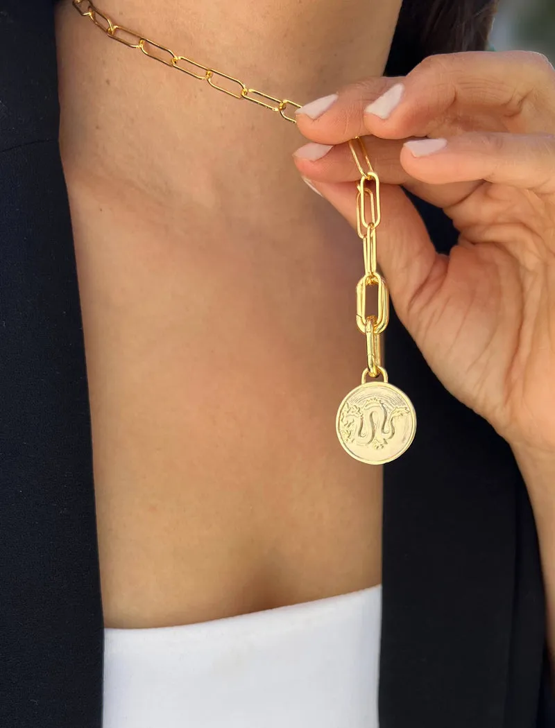 LUCKY DRAGON Asian Charm Coin Pendant Necklace