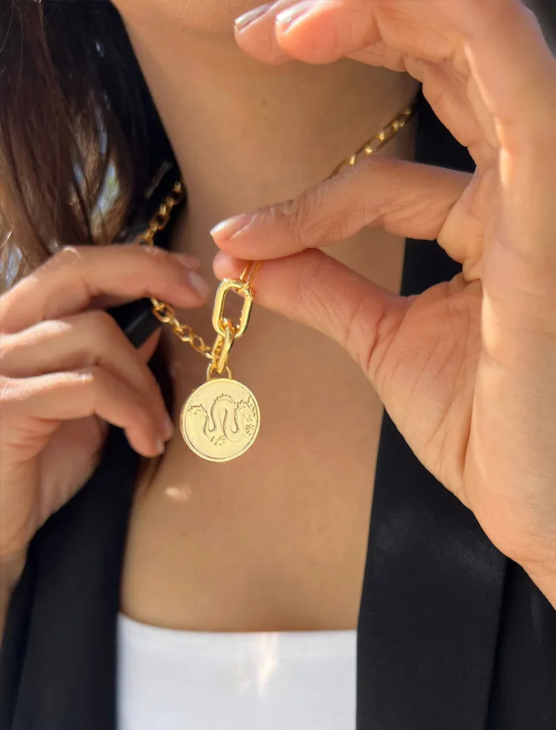 LUCKY DRAGON Asian Charm Coin Pendant Necklace