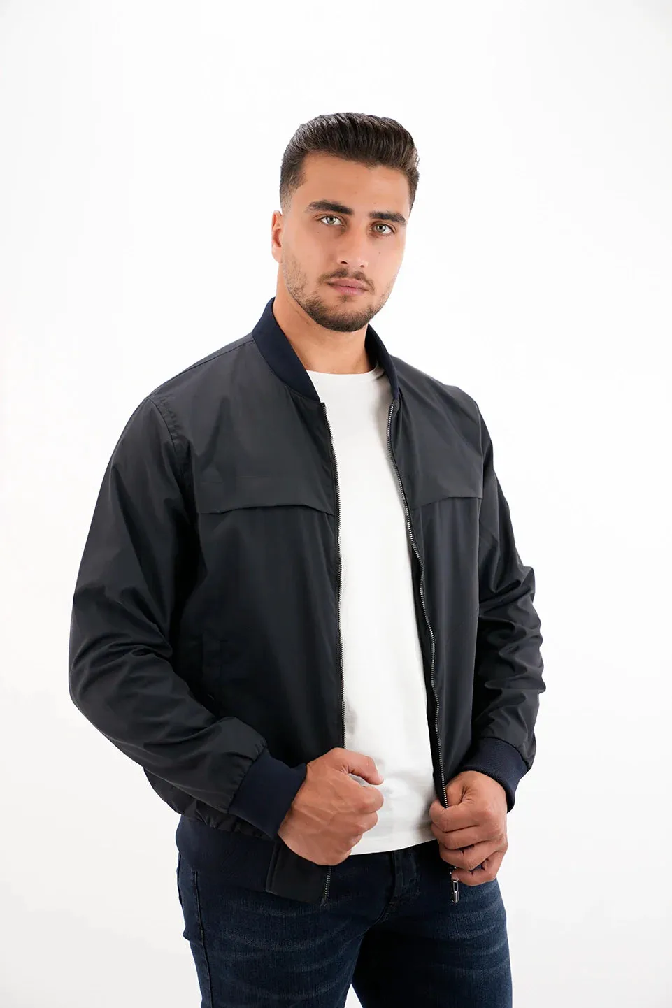 Navy Bomber Jacket With Zipper To Close