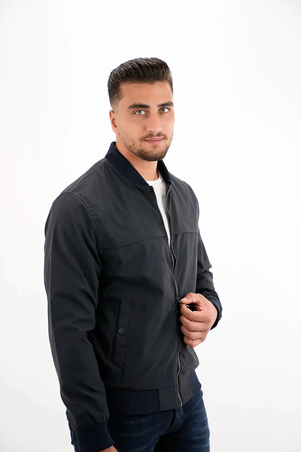 Navy Bomber Jacket With Zipper To Close