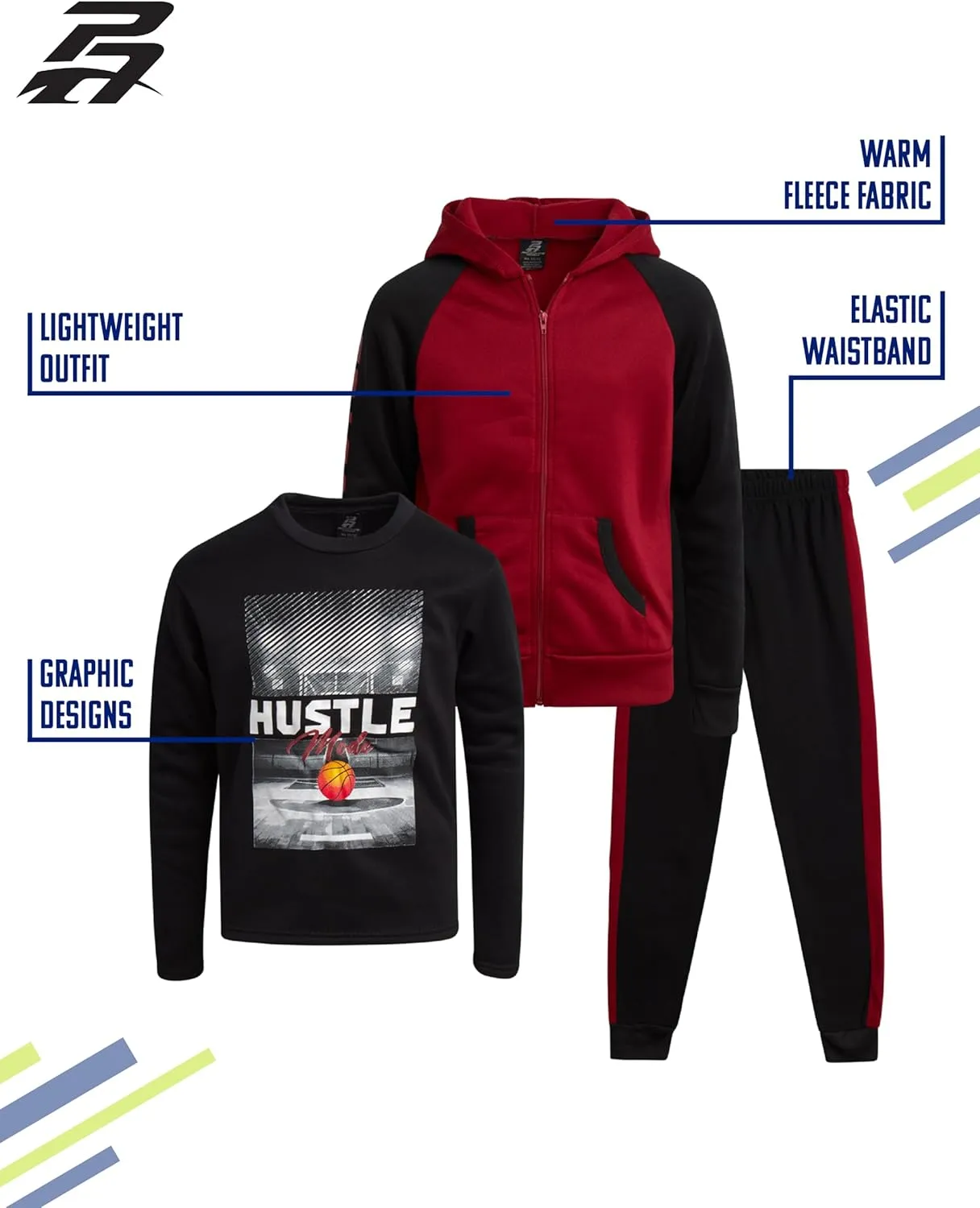 Pro Athlete Boys Tracksuit Set - 3 Piece Long Sleeve Shirt, Fleece Zip Up Hoodie, and Joggers Sweatpants for Boys (Size 8-16)