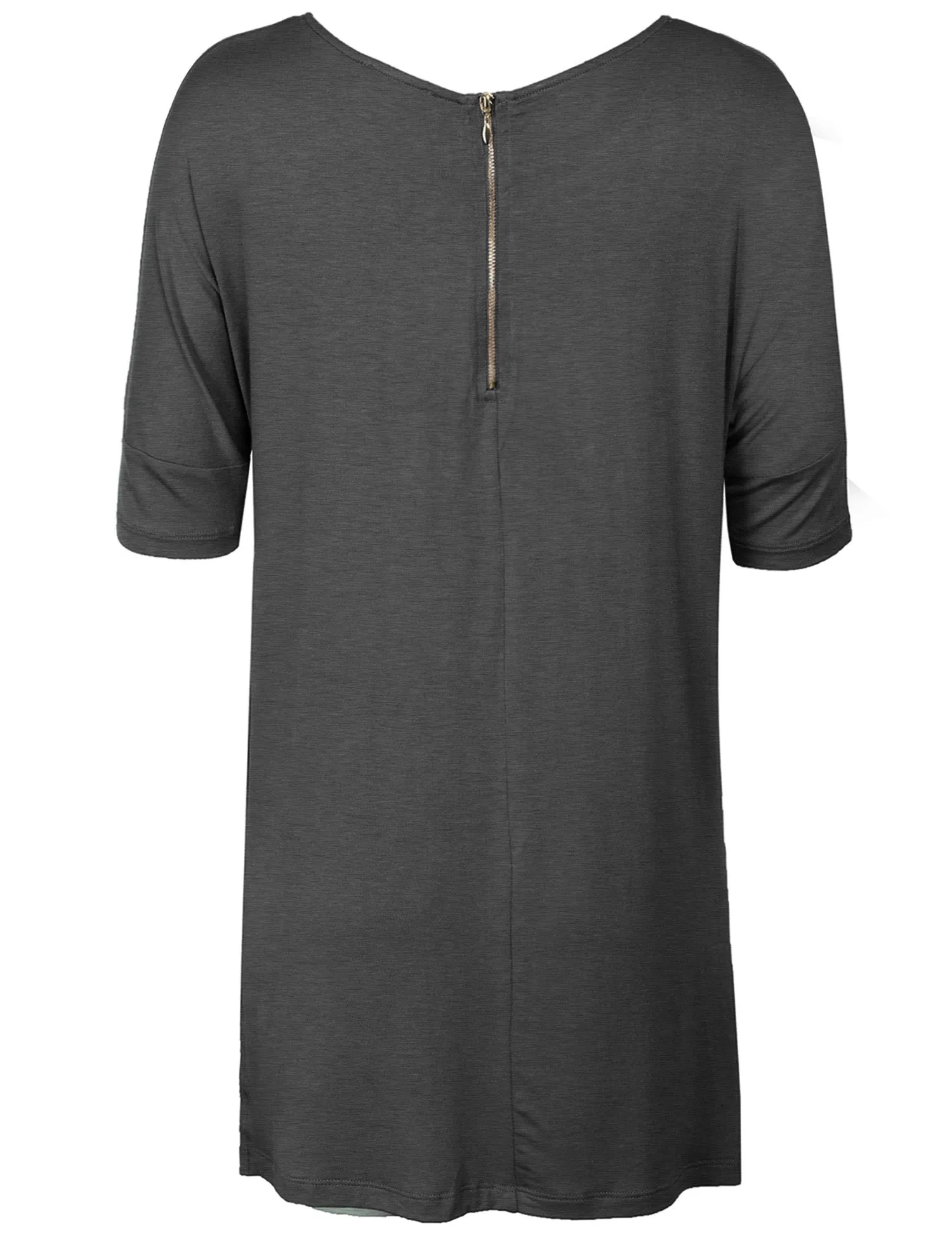 Round Neck Dolman Sleeve Casual Tunic Top with Zipper Details
