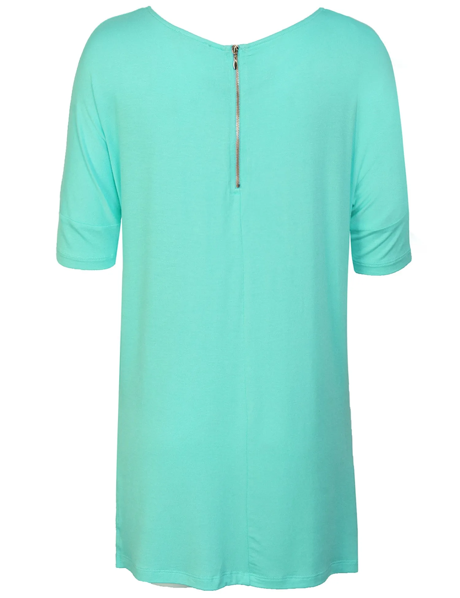 Round Neck Dolman Sleeve Casual Tunic Top with Zipper Details