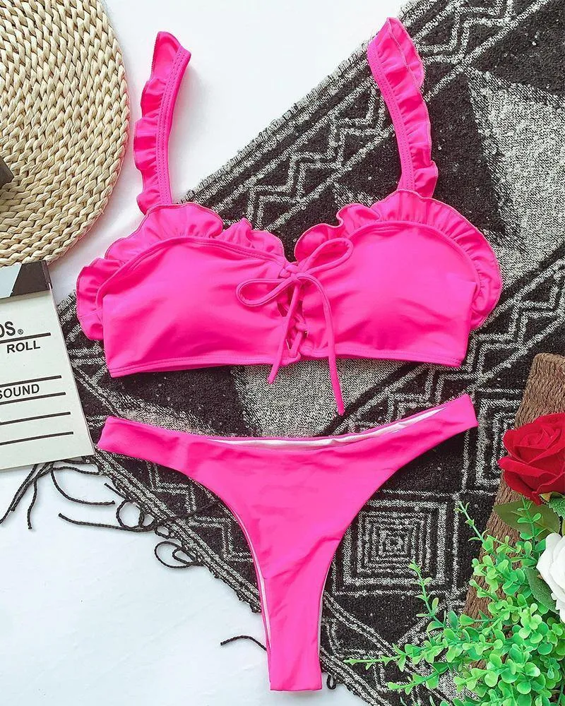 Solid Ruffles Bra With Panties Bikini Sets