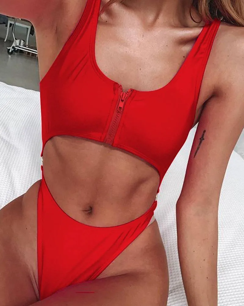Solid Skinny Sleeveless Zip-up Tank With Panties Sexy Sets