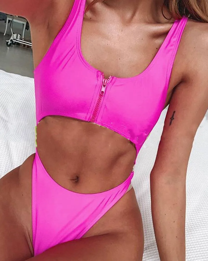 Solid Skinny Sleeveless Zip-up Tank With Panties Sexy Sets