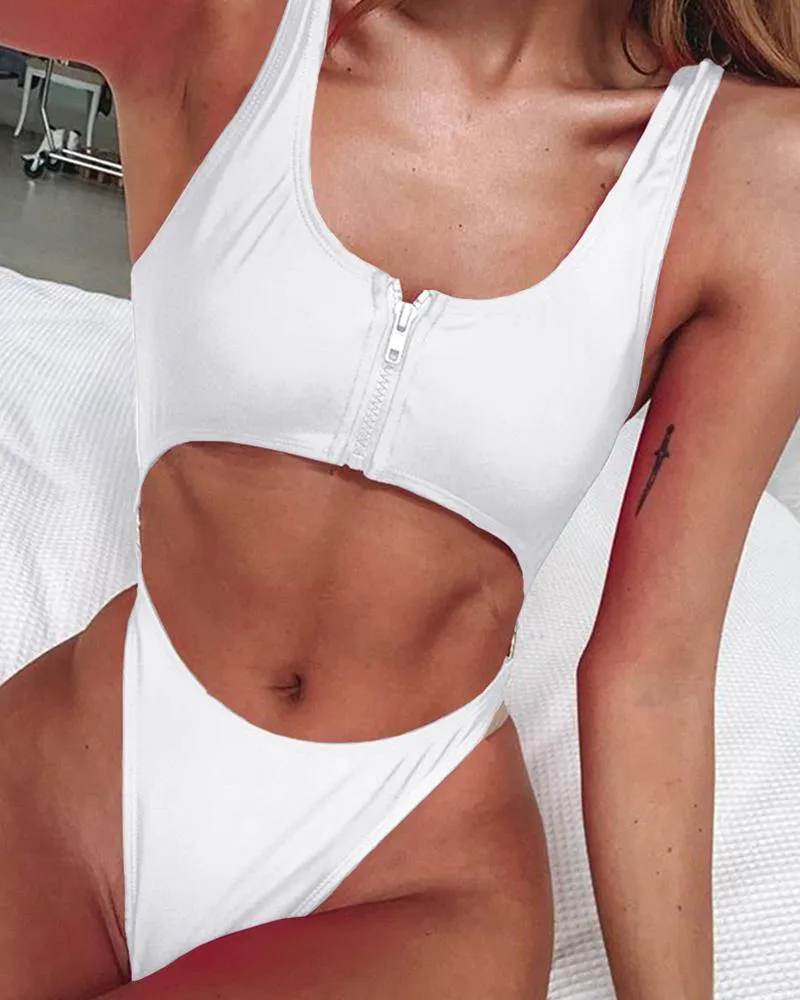 Solid Skinny Sleeveless Zip-up Tank With Panties Sexy Sets