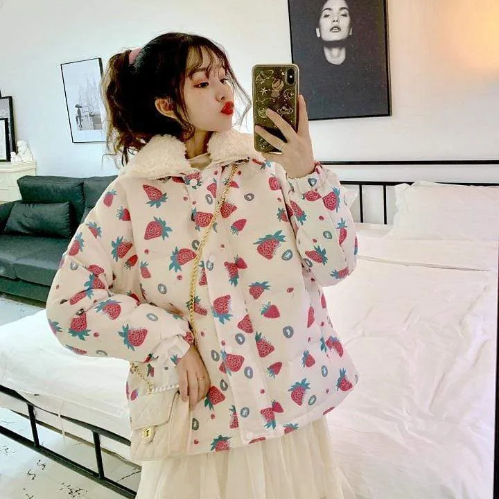 Strawberry Printed Hooded Cotton-padded Overcoat