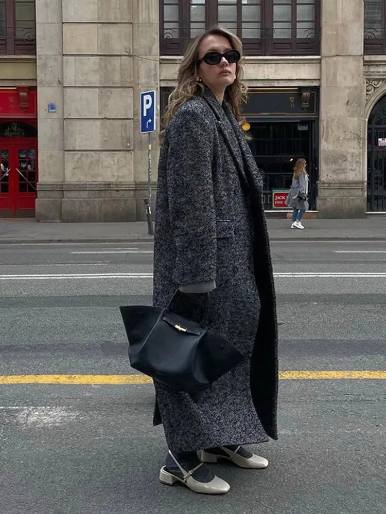 TAVIMART  -  Women Herringbone Wool Tweed Overcoat Fashion Long-Sleeved Turn-down Collar Coat Double Breasted High Street Outerwears