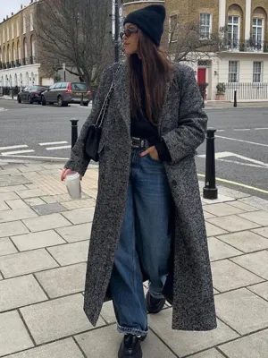 TAVIMART  -  Women Herringbone Wool Tweed Overcoat Fashion Long-Sleeved Turn-down Collar Coat Double Breasted High Street Outerwears
