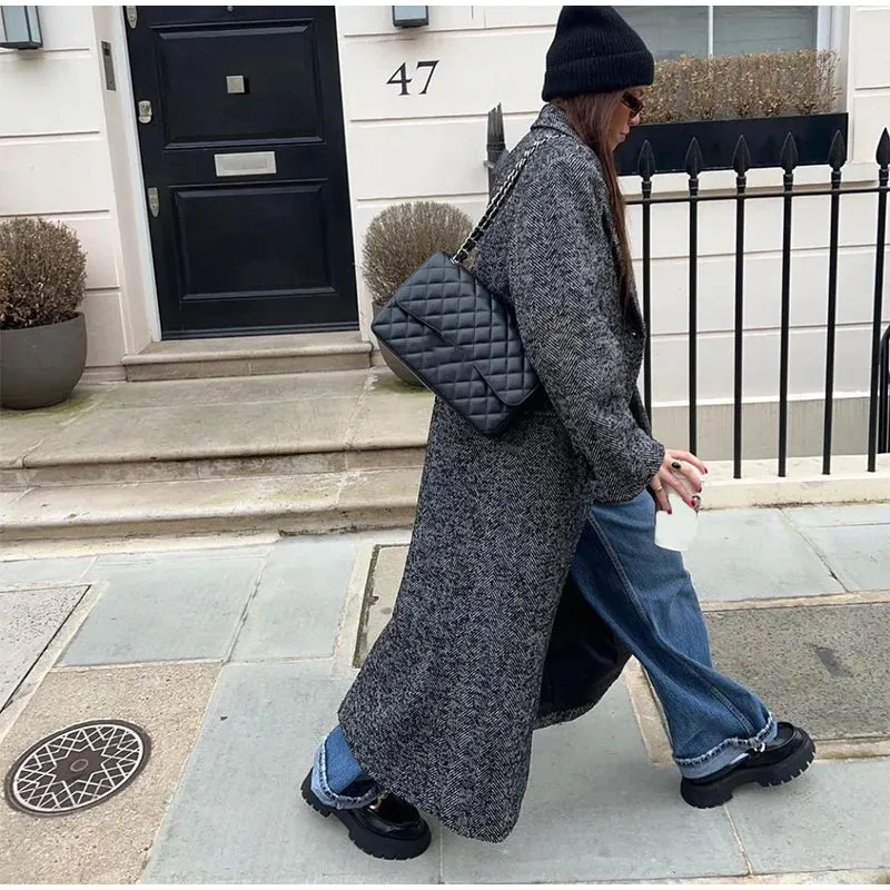 TAVIMART  -  Women Herringbone Wool Tweed Overcoat Fashion Long-Sleeved Turn-down Collar Coat Double Breasted High Street Outerwears