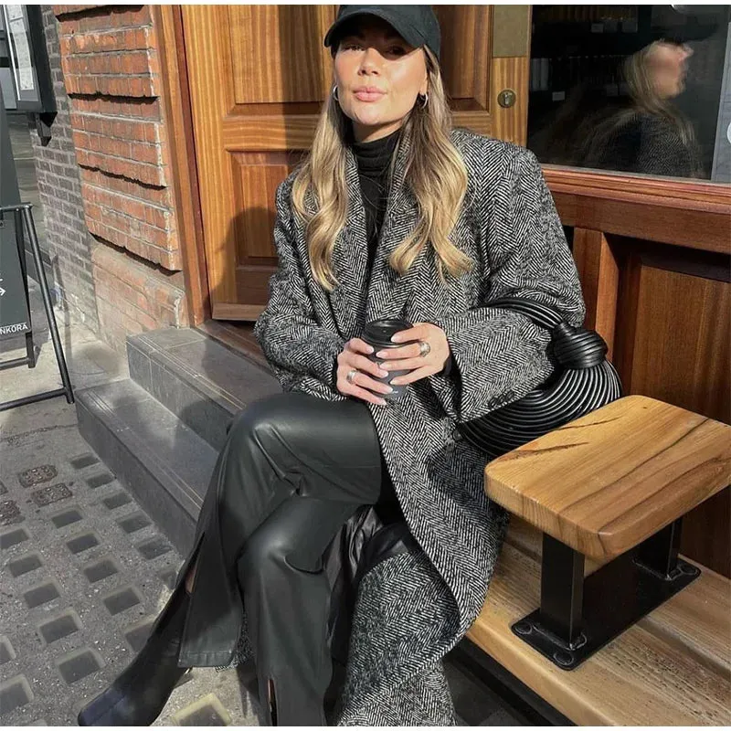 TAVIMART  -  Women Herringbone Wool Tweed Overcoat Fashion Long-Sleeved Turn-down Collar Coat Double Breasted High Street Outerwears