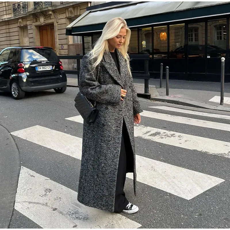 TAVIMART  -  Women Herringbone Wool Tweed Overcoat Fashion Long-Sleeved Turn-down Collar Coat Double Breasted High Street Outerwears