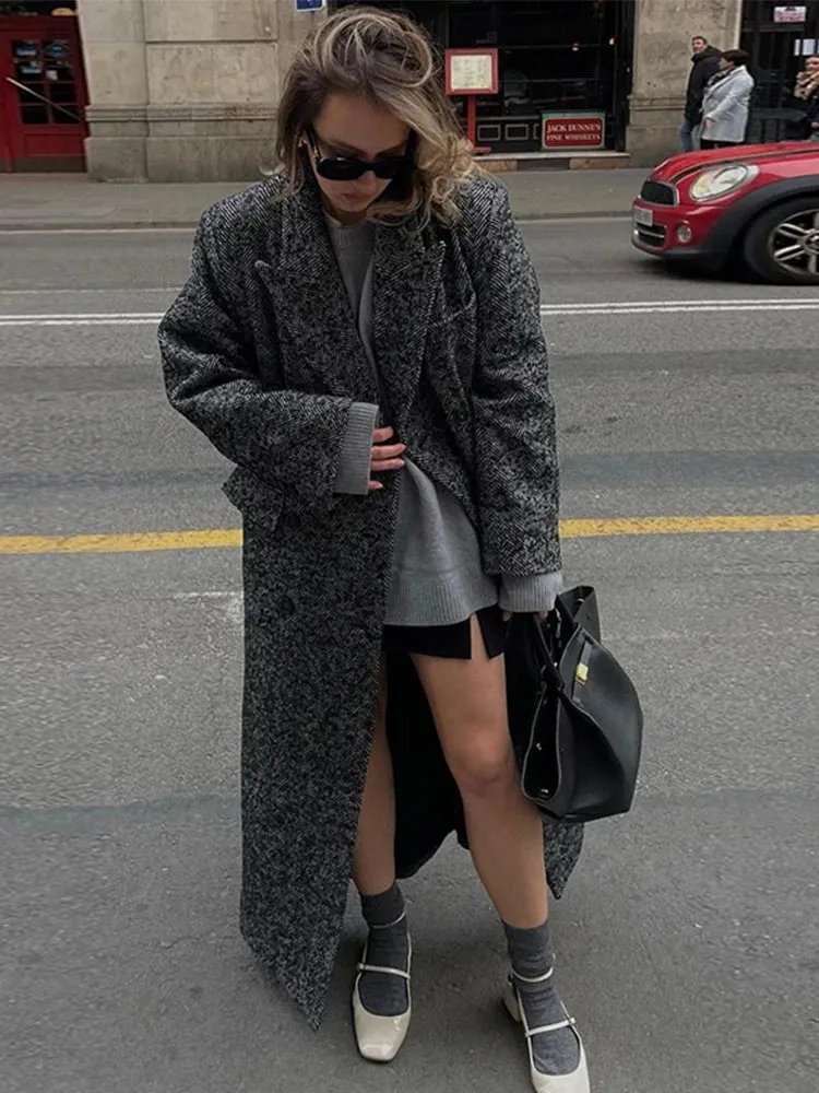 TAVIMART  -  Women Herringbone Wool Tweed Overcoat Fashion Long-Sleeved Turn-down Collar Coat Double Breasted High Street Outerwears