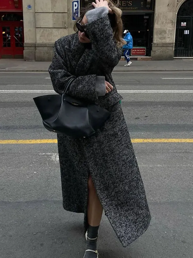 TAVIMART  -  Women Herringbone Wool Tweed Overcoat Fashion Long-Sleeved Turn-down Collar Coat Double Breasted High Street Outerwears
