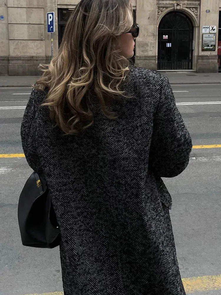 TAVIMART  -  Women Herringbone Wool Tweed Overcoat Fashion Long-Sleeved Turn-down Collar Coat Double Breasted High Street Outerwears