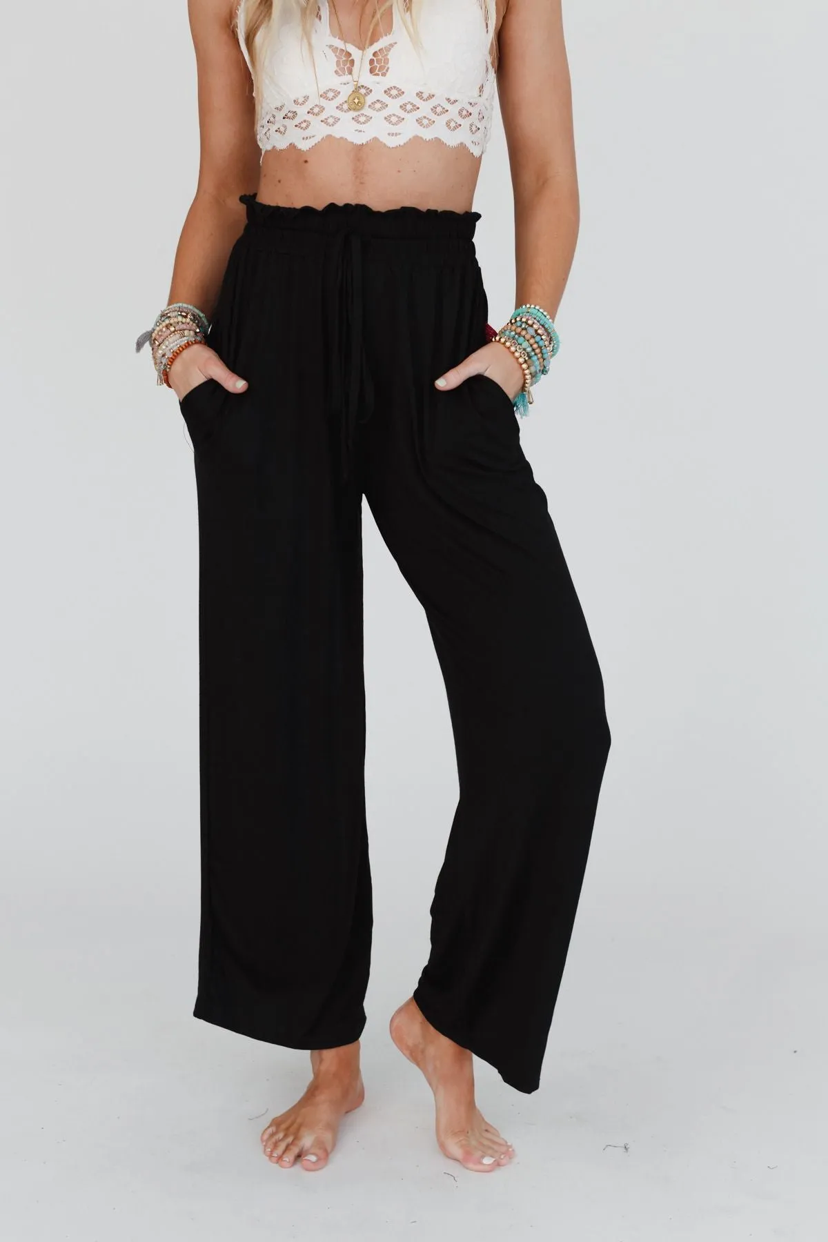 The Nest Forever Comfy Drawstring Wide Leg Pants - Black