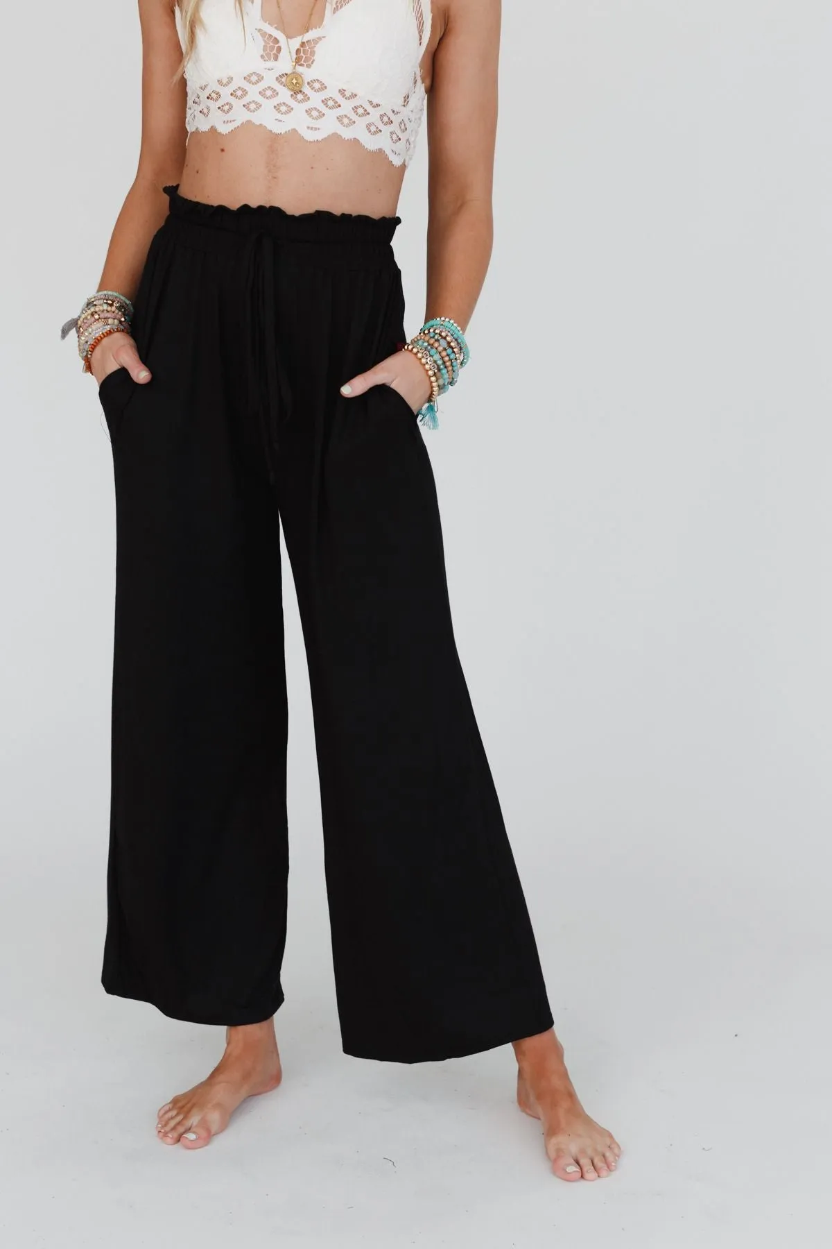 The Nest Forever Comfy Drawstring Wide Leg Pants - Black