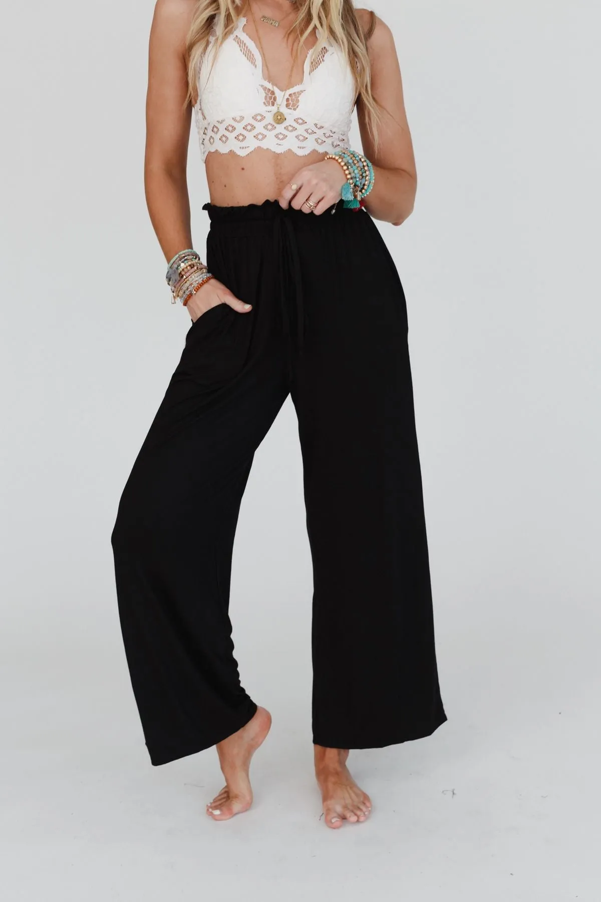 The Nest Forever Comfy Drawstring Wide Leg Pants - Black