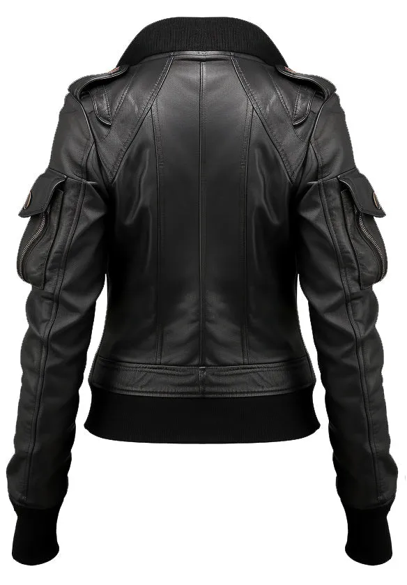 Women Black Biker Bomber Leather Jacket