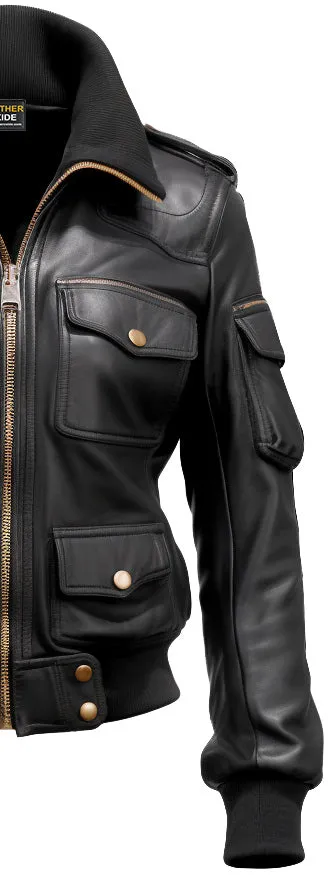 Women Black Biker Bomber Leather Jacket